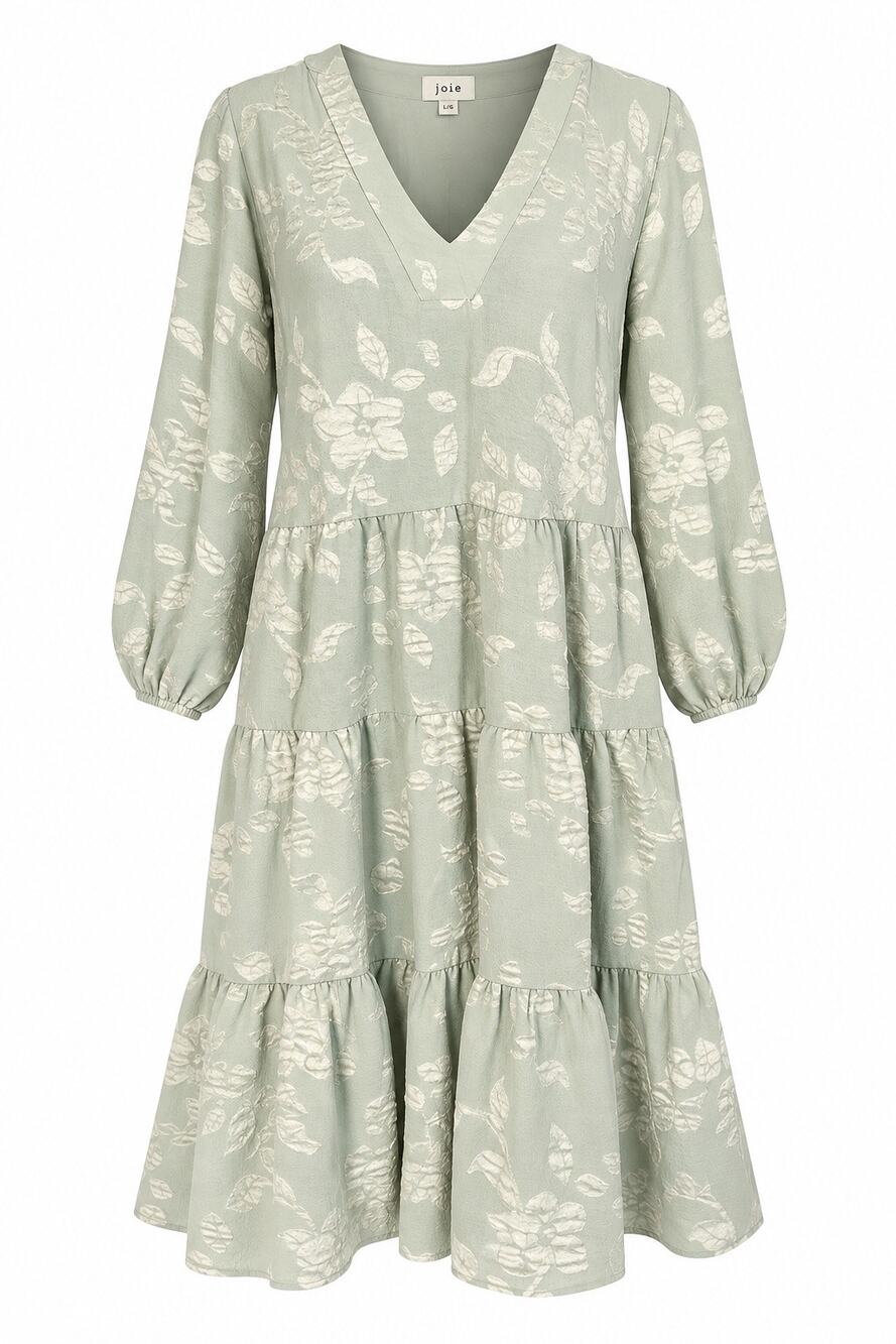 Joie Women’s Large Sage Green Floral Textured Tiered Midi Dress V Neck Boho